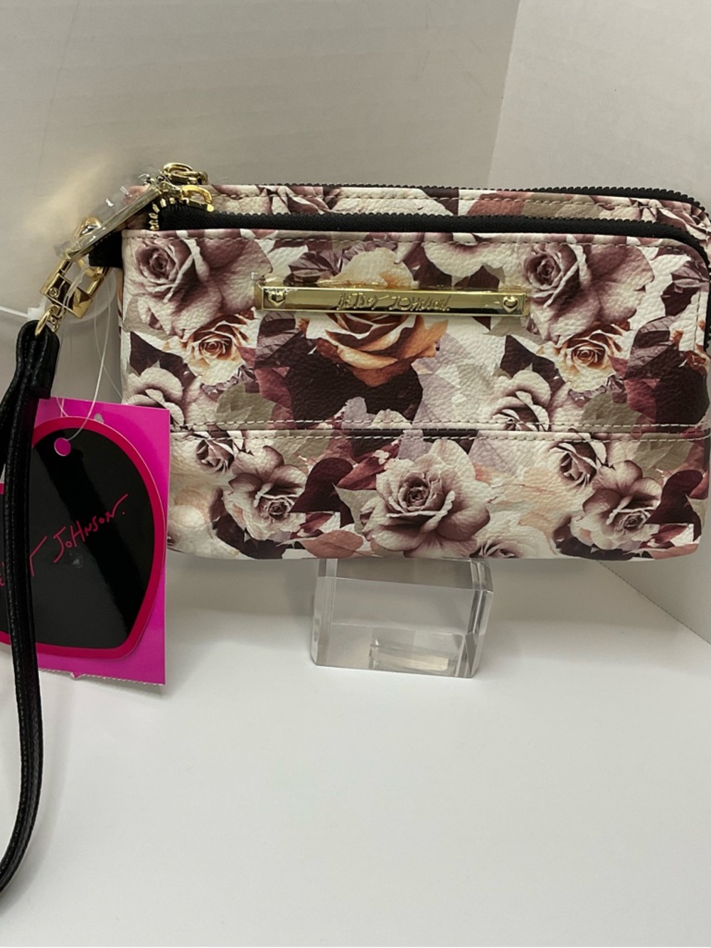 Luv Betsey Johnson wristlet wallet W Dark Roses Brown/White XOTALLIB